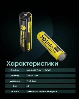 Акумулятор літієвий Li-Ion 18650 Nitecore NL1836R 3.6V (3600mAh, USB-C), захищений 6-1514_r фото