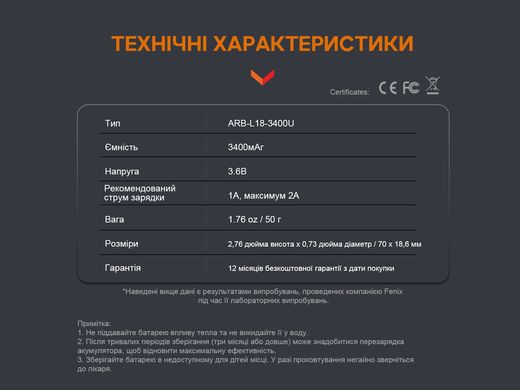 Акумулятор 18650 Fenix (3400 mAh) micro usb зарядка ARB-L18-3400U фото