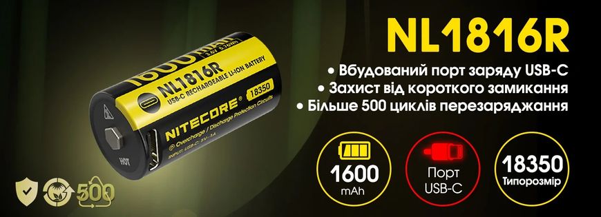 Акумулятор 18350 (1600mAh, USB-C) Nitecore NL1816R 6-1551_r фото