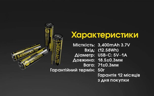 Акумулятор 18650 (3400mAh, USB-C) Nitecore NL1834R 6-1079-r фото