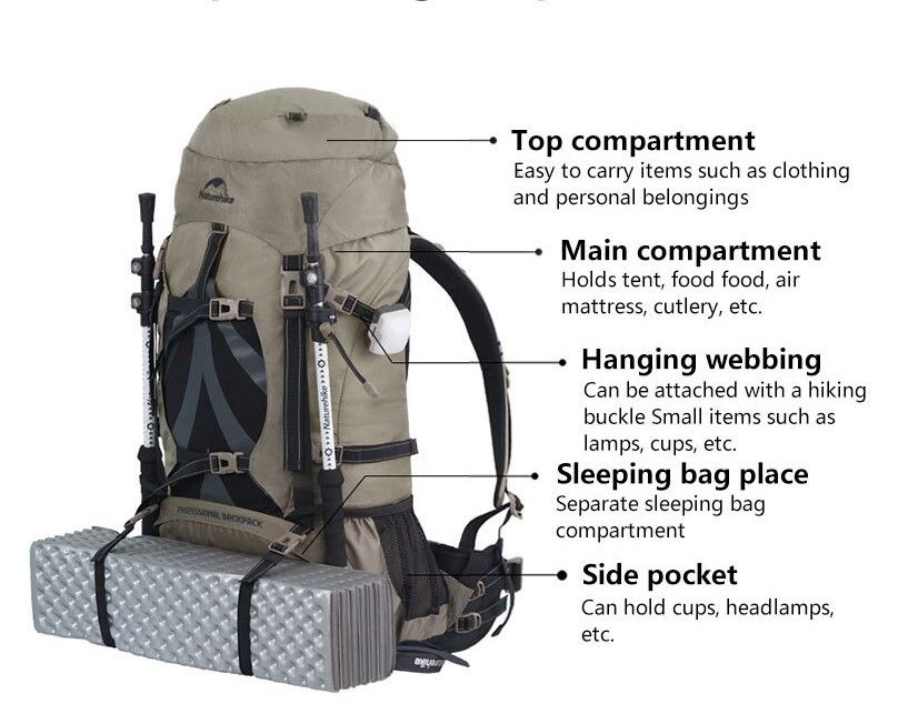 Рюкзак туристичний Naturehike 70 + 5 л світло-коричневий NH70B070-B